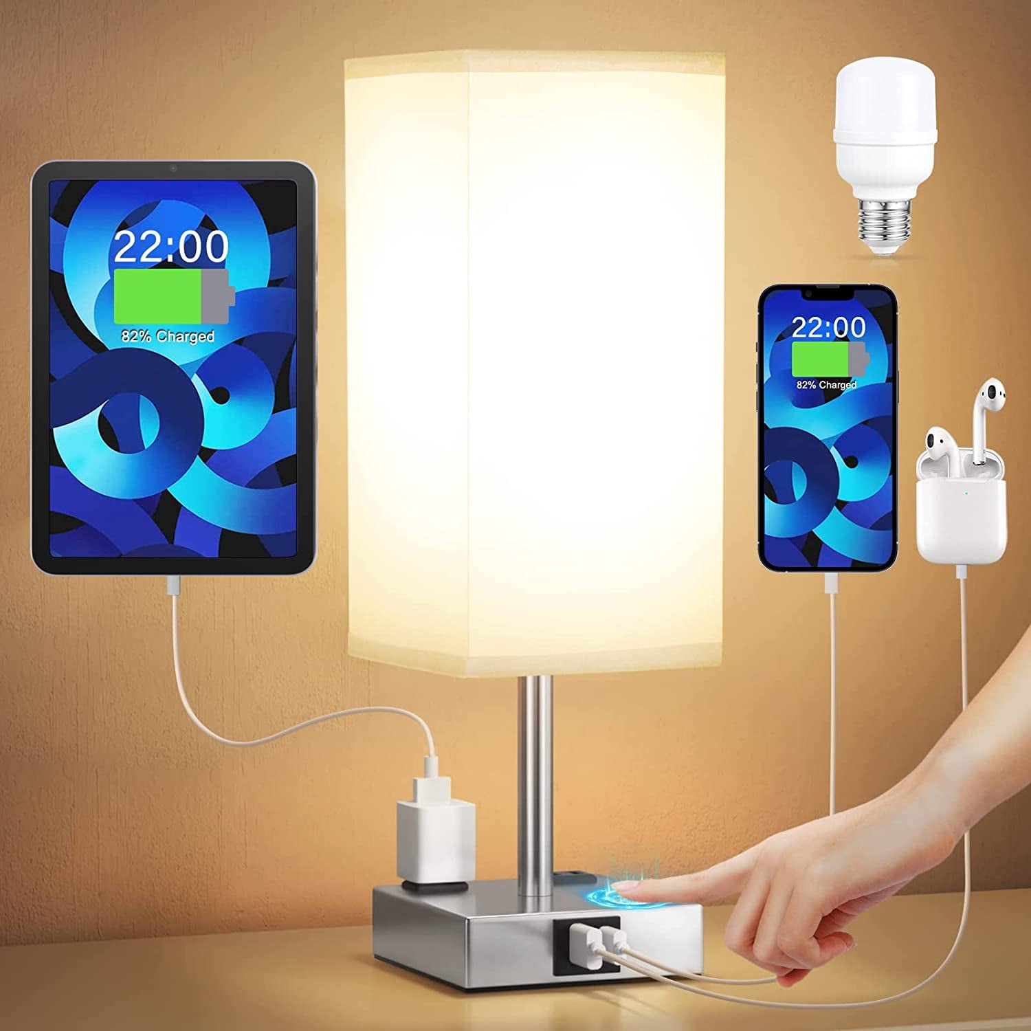 Touch Bedside Table Lamp for Bedroom - Dimmable, USB C+A, 2 AC Outlets | 3-Way Dimming, 3000K Bulb Included, Square Grey Lampshade and Silver Base, Desk Lamp for Nightstand, Living Room, Dorm