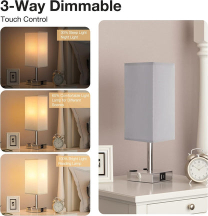 Touch Bedside Table Lamp for Bedroom - Dimmable, USB C+A, 2 AC Outlets | 3-Way Dimming, 3000K Bulb Included, Square Grey Lampshade and Silver Base, Desk Lamp for Nightstand, Living Room, Dorm