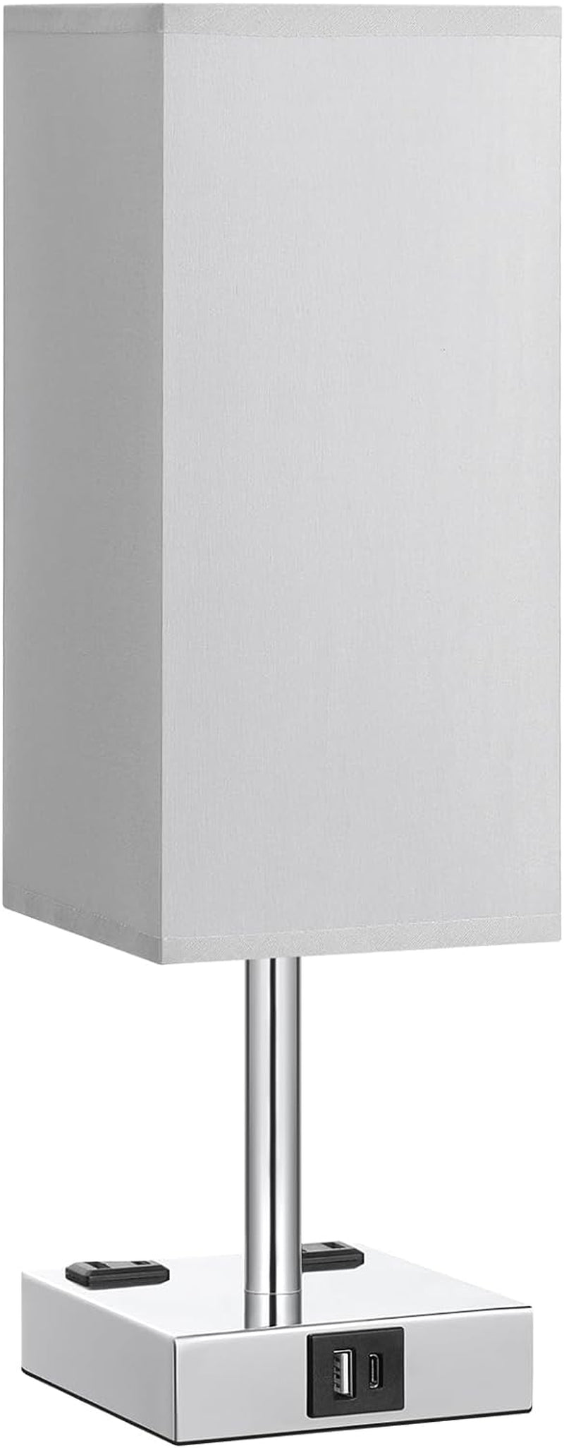 Touch Bedside Table Lamp for Bedroom - Dimmable, USB C+A, 2 AC Outlets | 3-Way Dimming, 3000K Bulb Included, Square Grey Lampshade and Silver Base, Desk Lamp for Nightstand, Living Room, Dorm