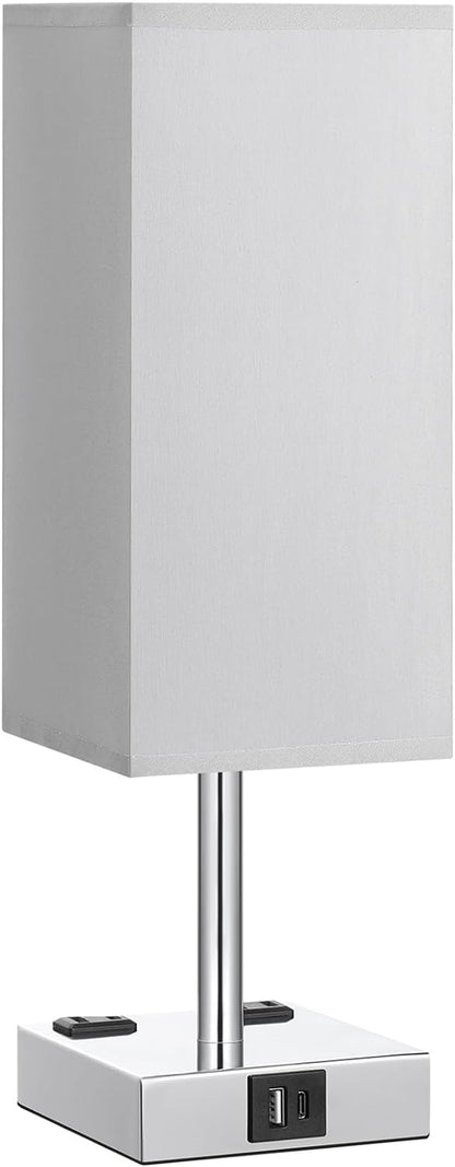Touch Bedside Table Lamp for Bedroom - Dimmable, USB C+A, 2 AC Outlets | 3-Way Dimming, 3000K Bulb Included, Square Grey Lampshade and Silver Base, Desk Lamp for Nightstand, Living Room, Dorm