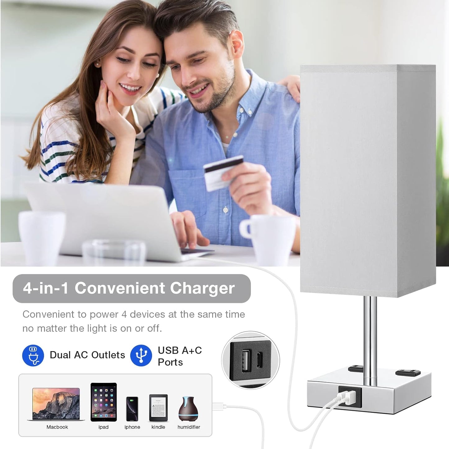 Touch Bedside Table Lamp for Bedroom - Dimmable, USB C+A, 2 AC Outlets | 3-Way Dimming, 3000K Bulb Included, Square Grey Lampshade and Silver Base, Desk Lamp for Nightstand, Living Room, Dorm