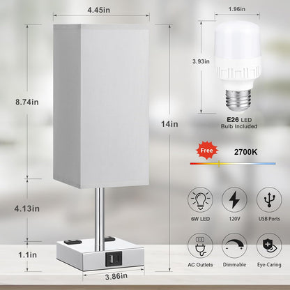 Touch Bedside Table Lamp for Bedroom - Dimmable, USB C+A, 2 AC Outlets | 3-Way Dimming, 3000K Bulb Included, Square Grey Lampshade and Silver Base, Desk Lamp for Nightstand, Living Room, Dorm
